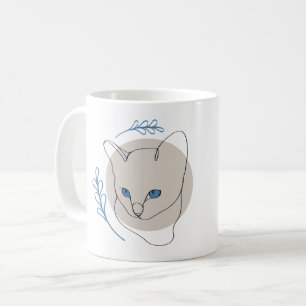 Caneca De Café Arte Minimalista de Gato com Olhos Azuis em Linha