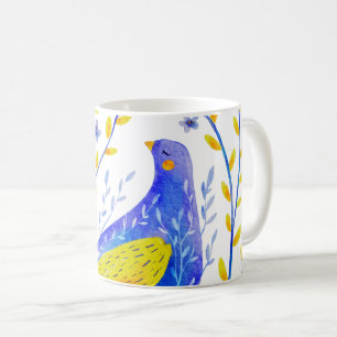 Caneca De Café Arte Moderna de Pássaro Azul e Amarelo em Aquarela