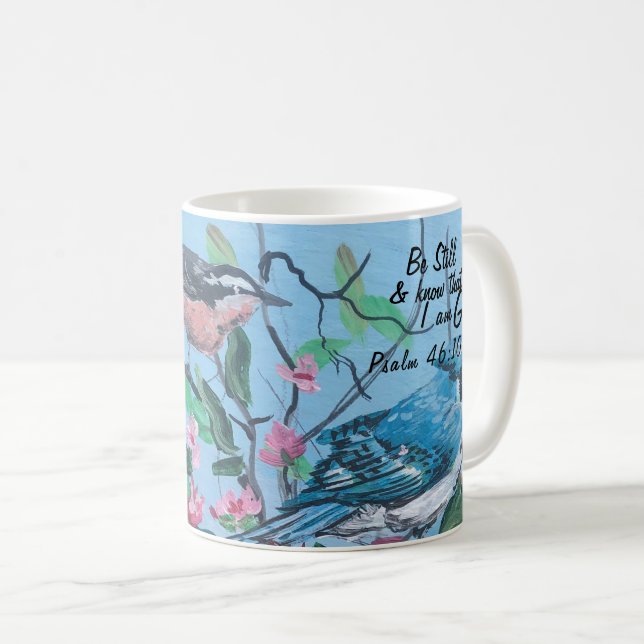 Caneca De Café Arte Moderna Rosas e Pássaros Azuis com Versículo  (Frente Esquerda)