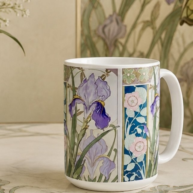 Caneca De Café Arte Nova Vintage Íris botânica cottagecore  (Criador carregado)