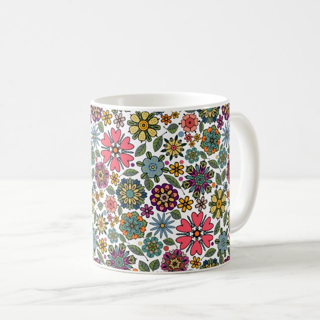 Caneca De Café Arte Padrão Moderna de Desenho Retro Floral Invisí (Frente Esquerda)