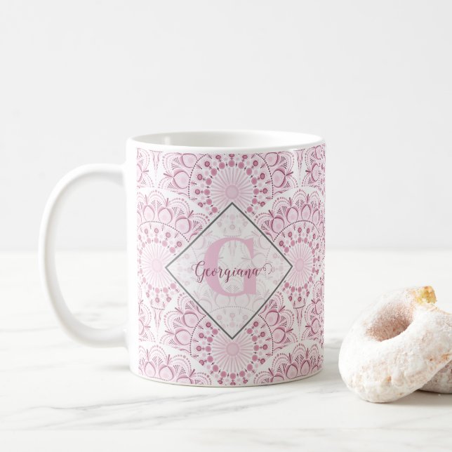 Caneca De Café Arte Personalizada Deco Rosa Confetti Lace Mandala (Com Donut)