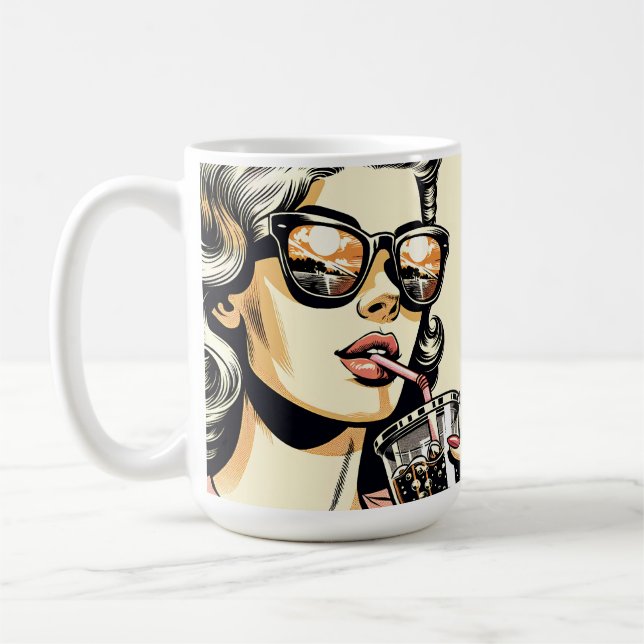 Caneca De Café Arte Pop de Quadrinhos Mulher Bonita Bebendo Refri (Esquerda)