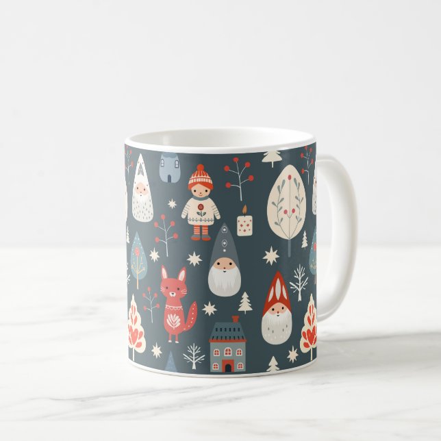 Caneca De Café Arte popular escandinava com gnomos de Natal (Frente Esquerda)