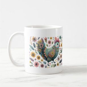 Caneca De Café Arte Popular Galo Galinha Floral Flores