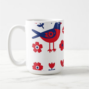 Caneca De Café Arte Popular Padrão Floral Pássaro Azul Vermelho