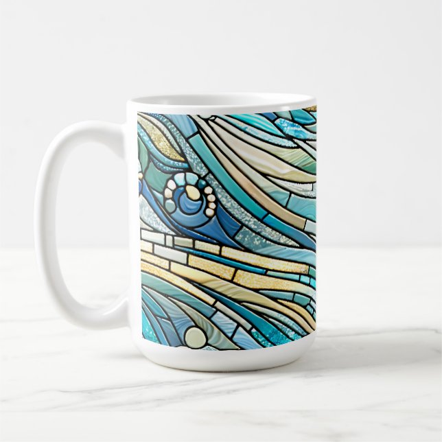 Caneca De Café Arte Refinada Mosaico Teal Mar de Ondas (Esquerda)
