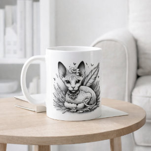 Caneca De Café Arte Vintage de Linha de Fada com Gato Sphynx