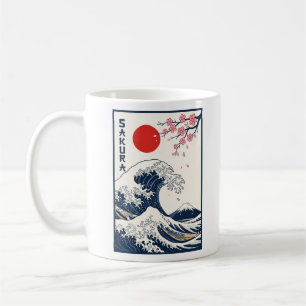 Caneca De Café Arte Vintage Japonês da Grande Onda com Flor de Ce