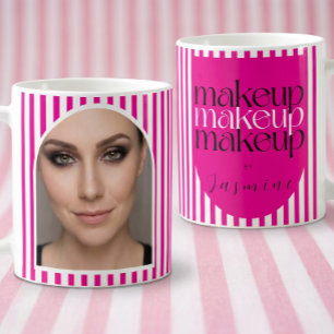 Caneca De Café Artista de Maquiagem Ousada Listras Brancas e Rosa