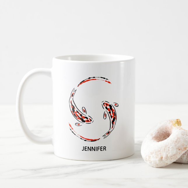 Caneca De Café Artista de Peixe Koi Negro e Vermelho (Com Donut)