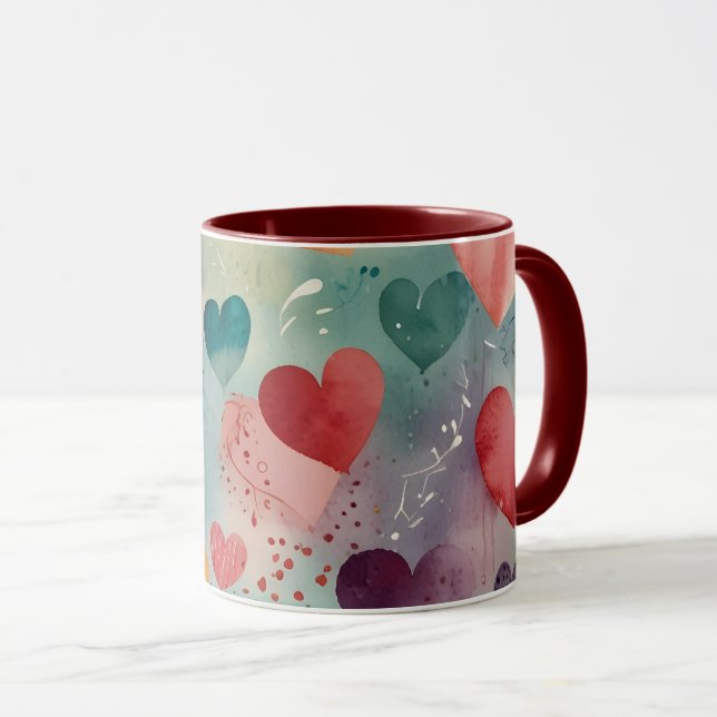 Caneca de Café Artística de Aquarela Corações Tom  (Frente Esquerda)