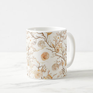 Caneca De Café Artístico Coral Marinho Concha Terracota Marfim