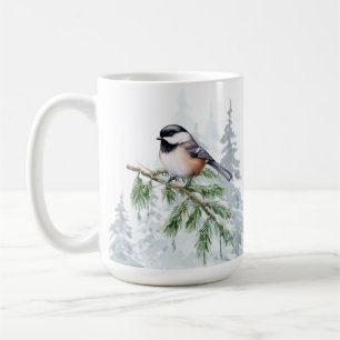 Caneca De Café Árvore de Abeto de Inverno em Aquarela Chapim 
