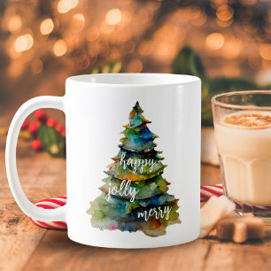 Caneca De Café Árvore de Natal Aquarela Alegria Feliz Letra