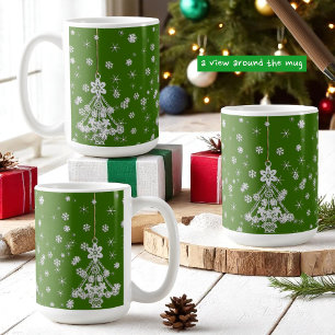 Caneca De Café Árvore de Natal Branca e Flocos de Neve ornamentad
