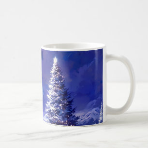 Caneca De Café Árvore de Natal Brilhante Paisagem Montanhosa Neva