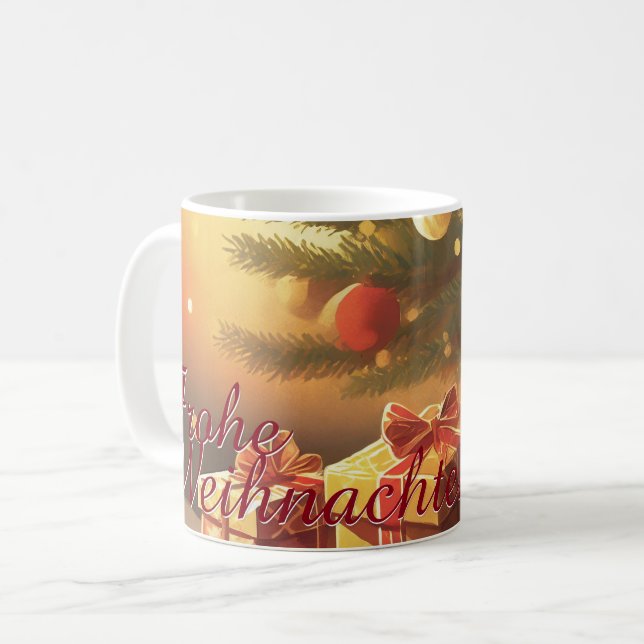 Caneca De Café Árvore de Natal com presentes dourados (Frente Esquerda)