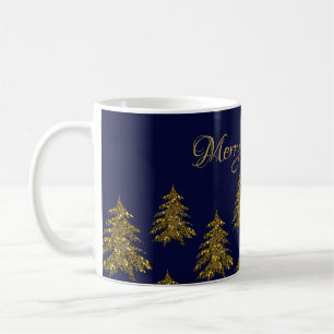 Caneca De Café Árvore de Natal de ouro cintilante no Natal azul