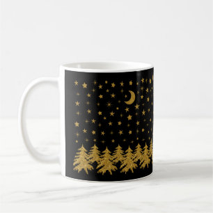 Caneca De Café Árvore de Natal de ouro faísca, lua, estrelas em p