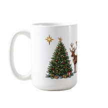 Árvore de Natal decorada com uma rena e presentes