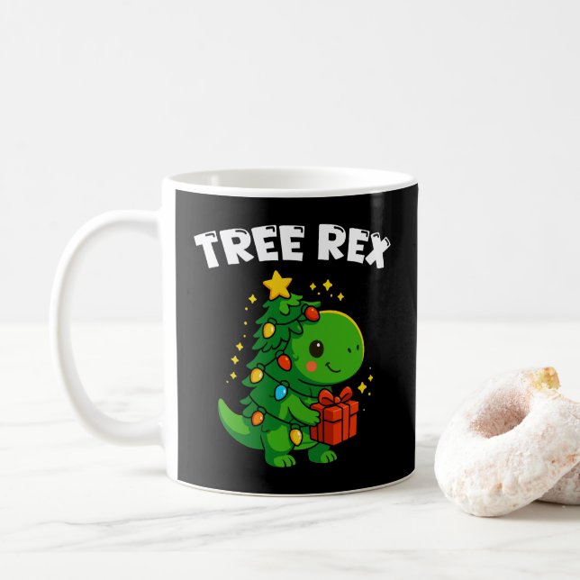 Caneca De Café Árvore de Natal Dinossauro T-Rex Fofa Festa de Nat (Com Donut)