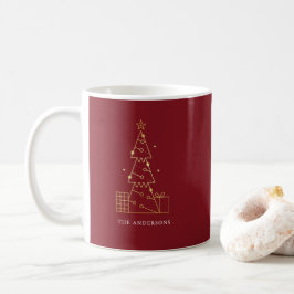 Caneca De Café Árvore de Natal Dourada e minimalista Vermelho mod