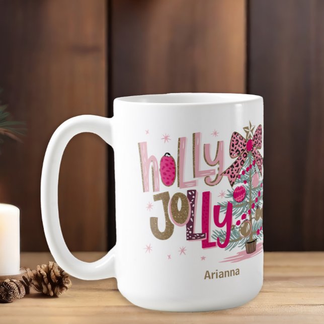 Caneca De Café Árvore de Natal Dourado Rosa Holly Jolly Natal (Pink and leopard print "Holly Jolly" Christmas tree coffee mug)
