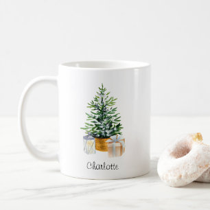 Caneca De Café Árvore de Natal e Lanterna Minimalista em Aquarela