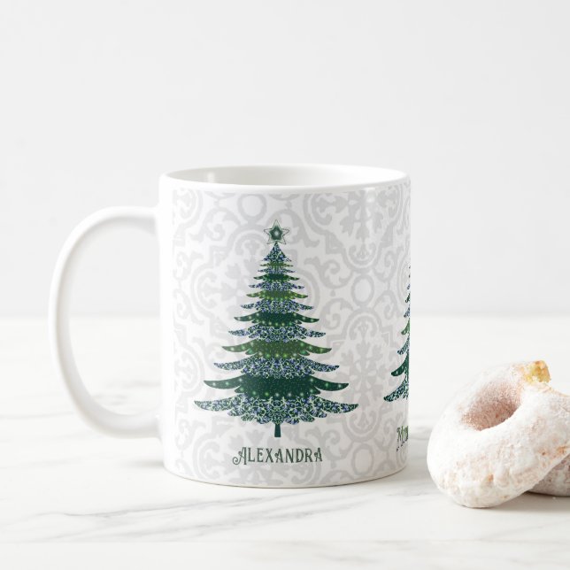 Caneca De Café Árvore de Natal elegante, branca verde personaliza (Com Donut)