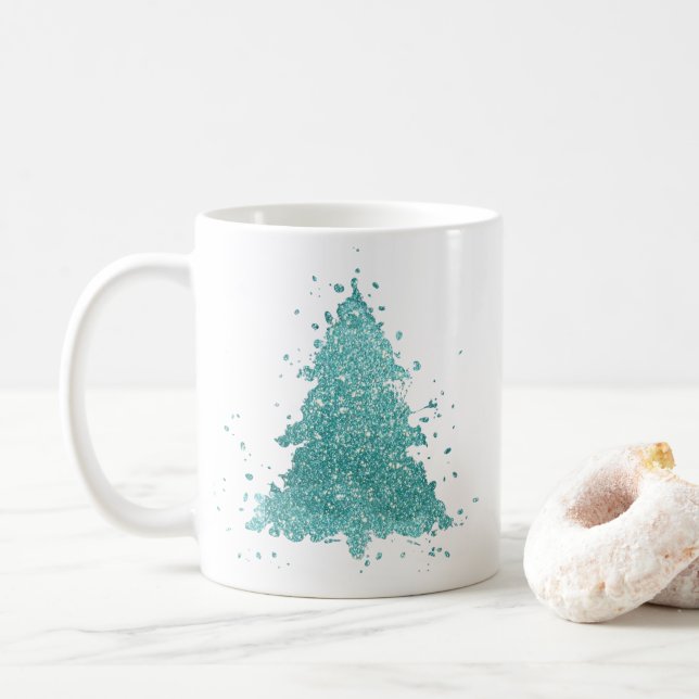 Caneca De Café Árvore de Natal Elegante | Luxe Aqua Mint Splatter (Com Donut)