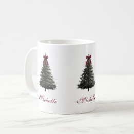 Caneca De Café Árvore de Natal em Aquarela com Laço Vermelho Eleg