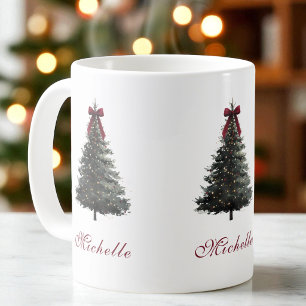 Caneca De Café Árvore de Natal em Aquarela com Laço Vermelho Eleg