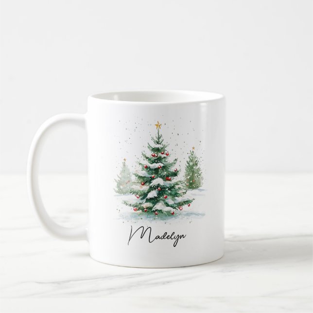 Caneca De Café Árvore de Natal em Aquarela com Letra Simples (Esquerda)