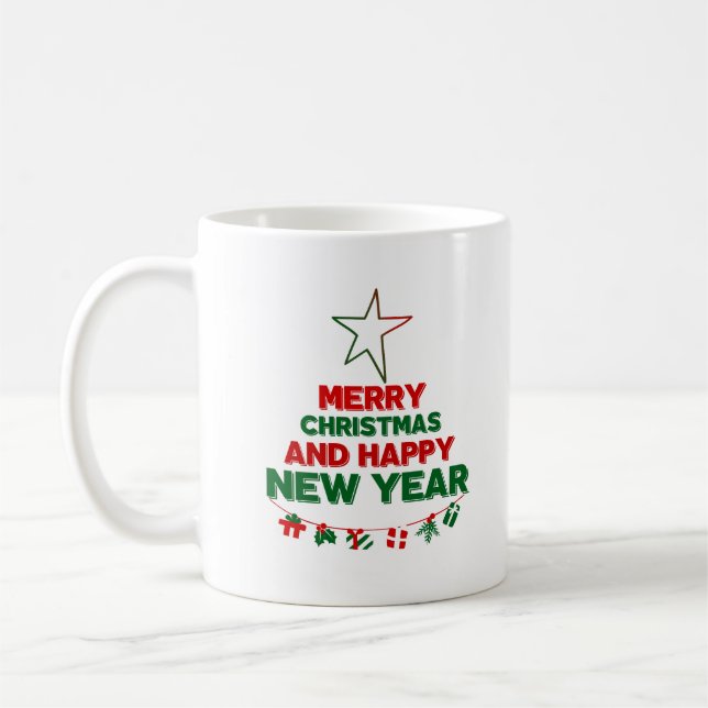 Caneca De Café Árvore de Natal, Feliz ano novo, palavras, estrela (Esquerda)