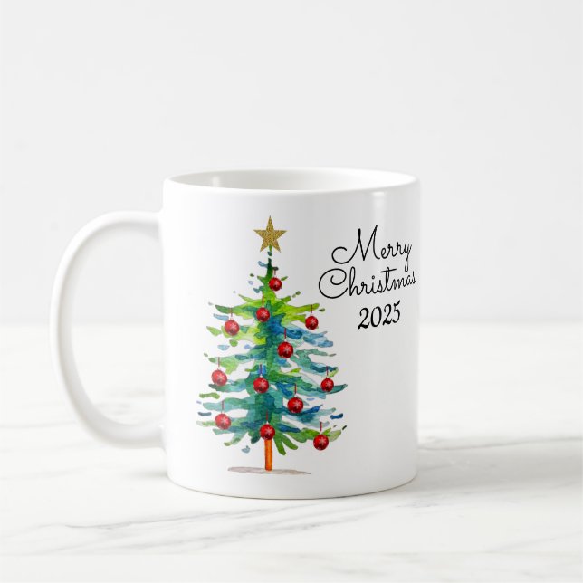 Caneca De Café Árvore de Natal Festiva Com Enfeites Vermelhos (Esquerda)