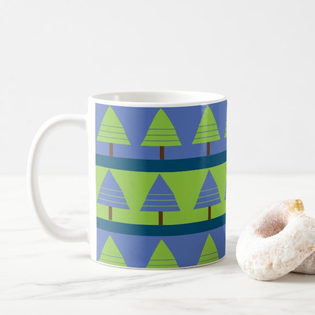Caneca De Café Árvore de Natal Geométrica Azul Verde (Com Donut)
