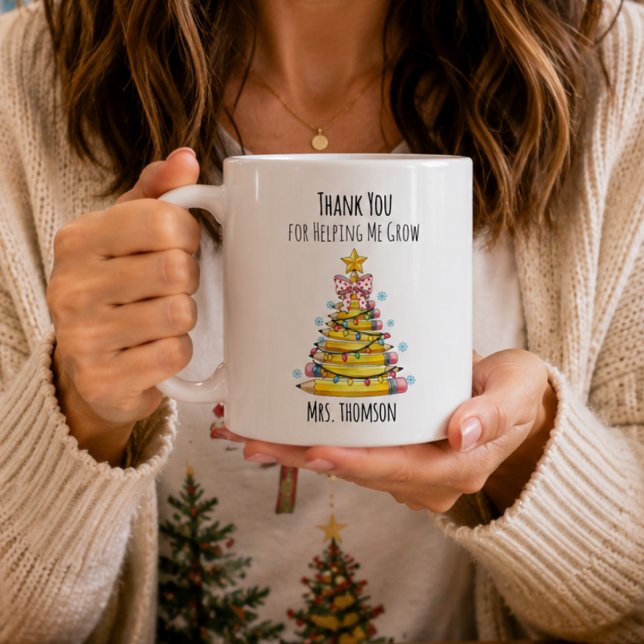 Caneca De Café Árvore de Natal Lápis Obrigado Professor  (Thank You Teacher Christmas Tree Pencil Coffee Mug)