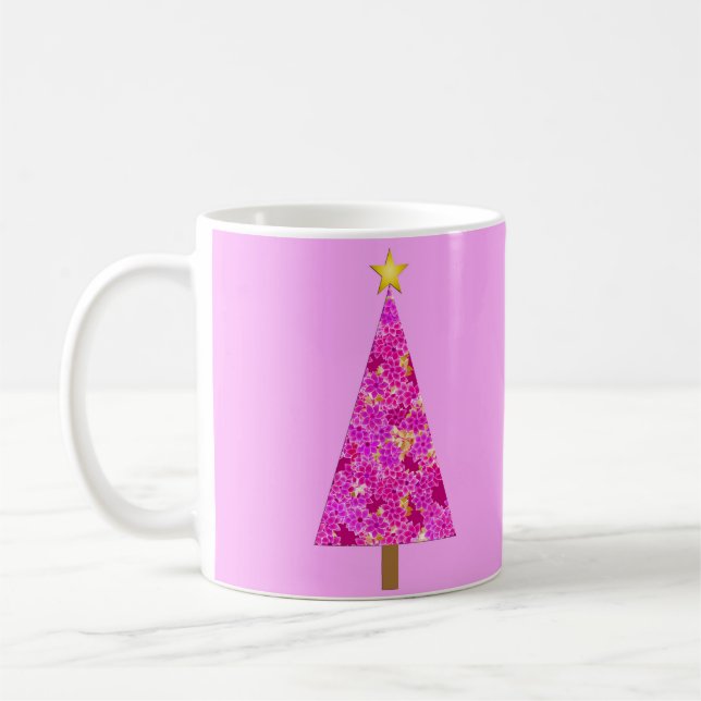 Caneca De Café Árvore de Natal Moderna Floral Magenta (Esquerda)
