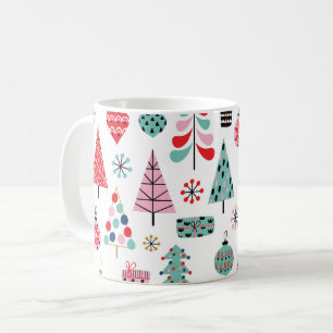 Caneca De Café Árvore de Natal. Padrão moderno azul, vermelho e r