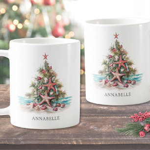Caneca De Café Árvore de Natal Personalizada na Praia