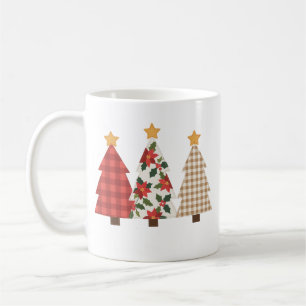 Caneca De Café Árvore de Natal Remendo Vintage Xadrez Vermelho Fe