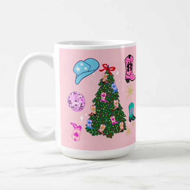 Caneca De Café Árvore de Natal Rodeo, Cowgirl Rosa Moderna (Esquerda)