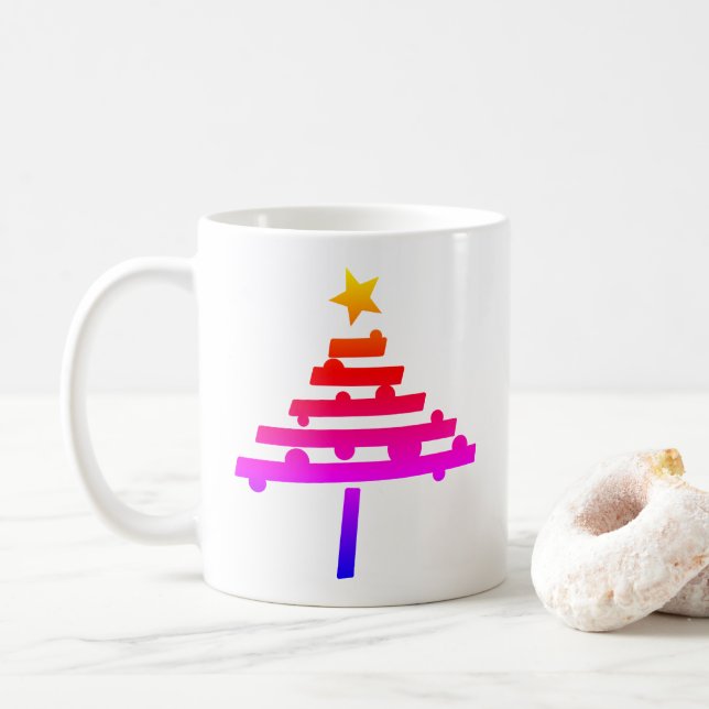 Caneca De Café Árvore de Natal Simples Arco-Íris com uma Estrela (Com Donut)