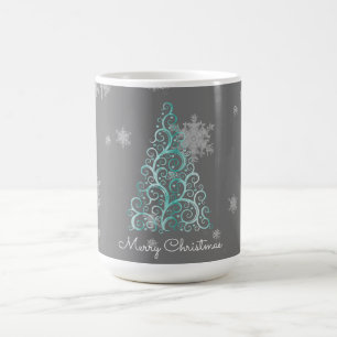 Caneca De Café Árvore de Natal Teal e Snowflakes Mug