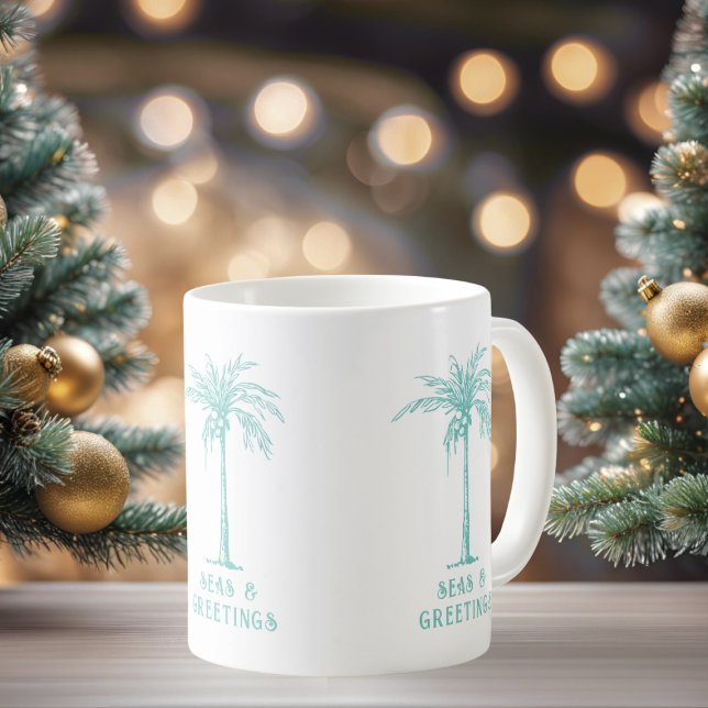 Caneca De Café Árvore de Palmeira Tropical Mar e Saudações de Nat (Tropical Palm Tree Seas and Greetings Christmas Coffee Mug)