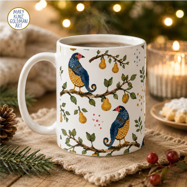 Caneca De Café Árvore de Pera Perdiz Caprichosa Natal Azul (Hand-painted blue and gold partridges and pears cover this traditional Christmas mug.)