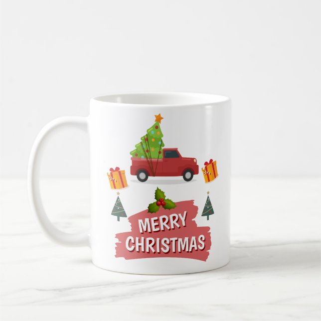 Caneca De Café Árvore Feliz De Natal No Carro Vermelho (Esquerda)