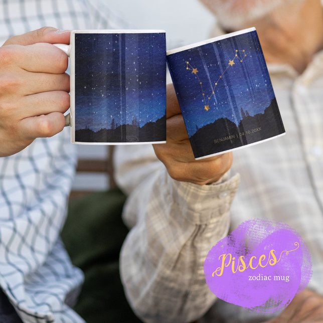 Caneca De Café Árvore Noturna Estrelada Ouro Peixes Zodíaco Const (Criador carregado)
