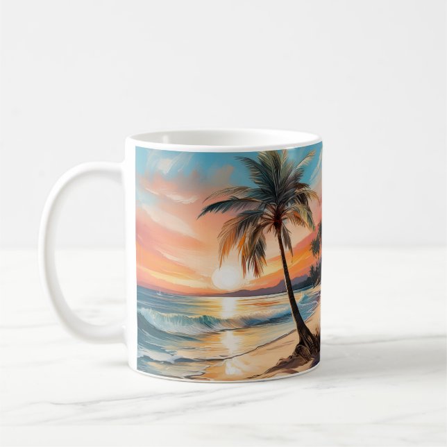 Caneca De Café Árvore Palm Na Pintura Em Praia (Esquerda)